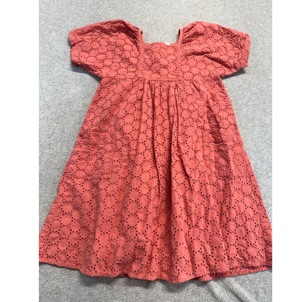 Petit Bateau Girls Eyelet Dress Coral Pink Short Sleeve A-Line Dress Size 4Y
